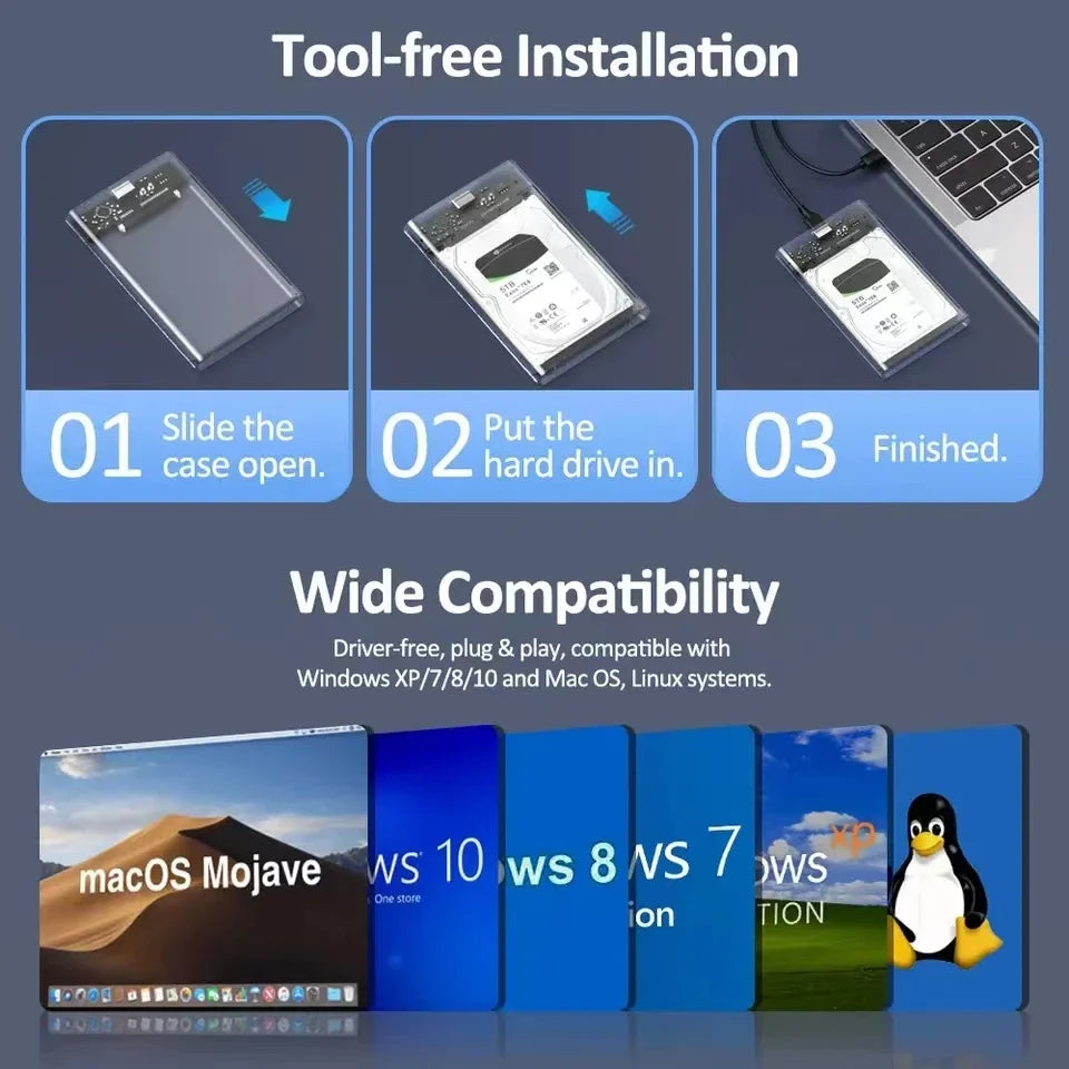 USB 3.0/Type C HDD Enclosure 2.5 inch SATA SSD External Hard Drive Case with 5Gbps Transfer Speed Clear Harddisk Boxs Tool-F…