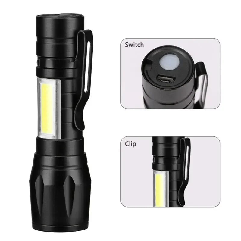 Mini LED Flashlight COB+XPE Portable Torch USB Charging Camping Lantern Zoomable Focus Light Tactical Flashlight with Pen Cl…