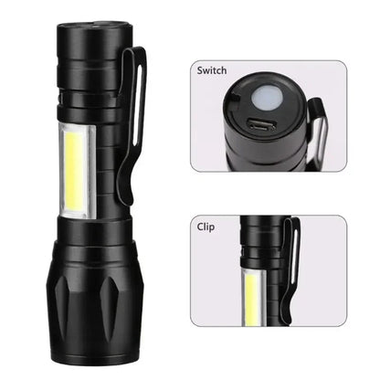 Mini LED Flashlight COB+XPE Portable Torch USB Charging Camping Lantern Zoomable Focus Light Tactical Flashlight with Pen Cl…