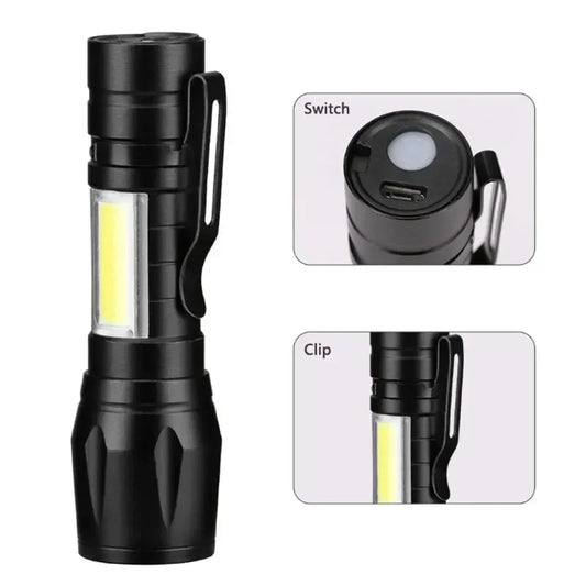 Mini LED Flashlight COB+XPE Portable Torch USB Charging Camping Lantern Zoomable Focus Light Tactical Flashlight with Pen Cl…