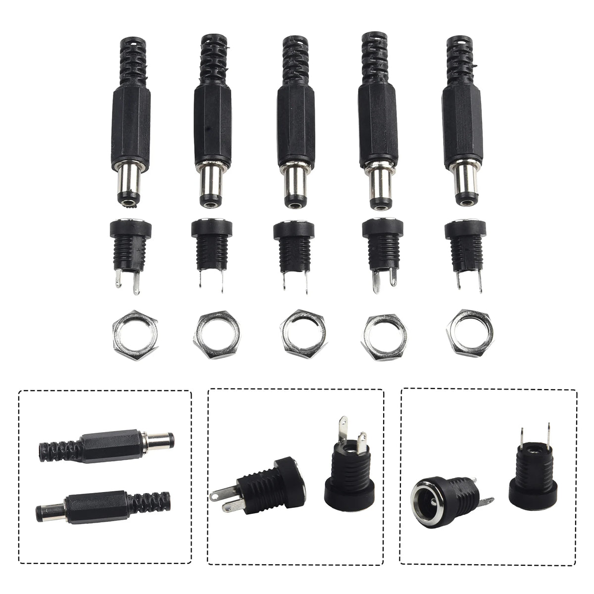 5 Pair DC 12V Male Female Socket Panel Mount Barrels Jack Plug Power Connector Female Jack Screw Nut Panel Mount Connector -…
