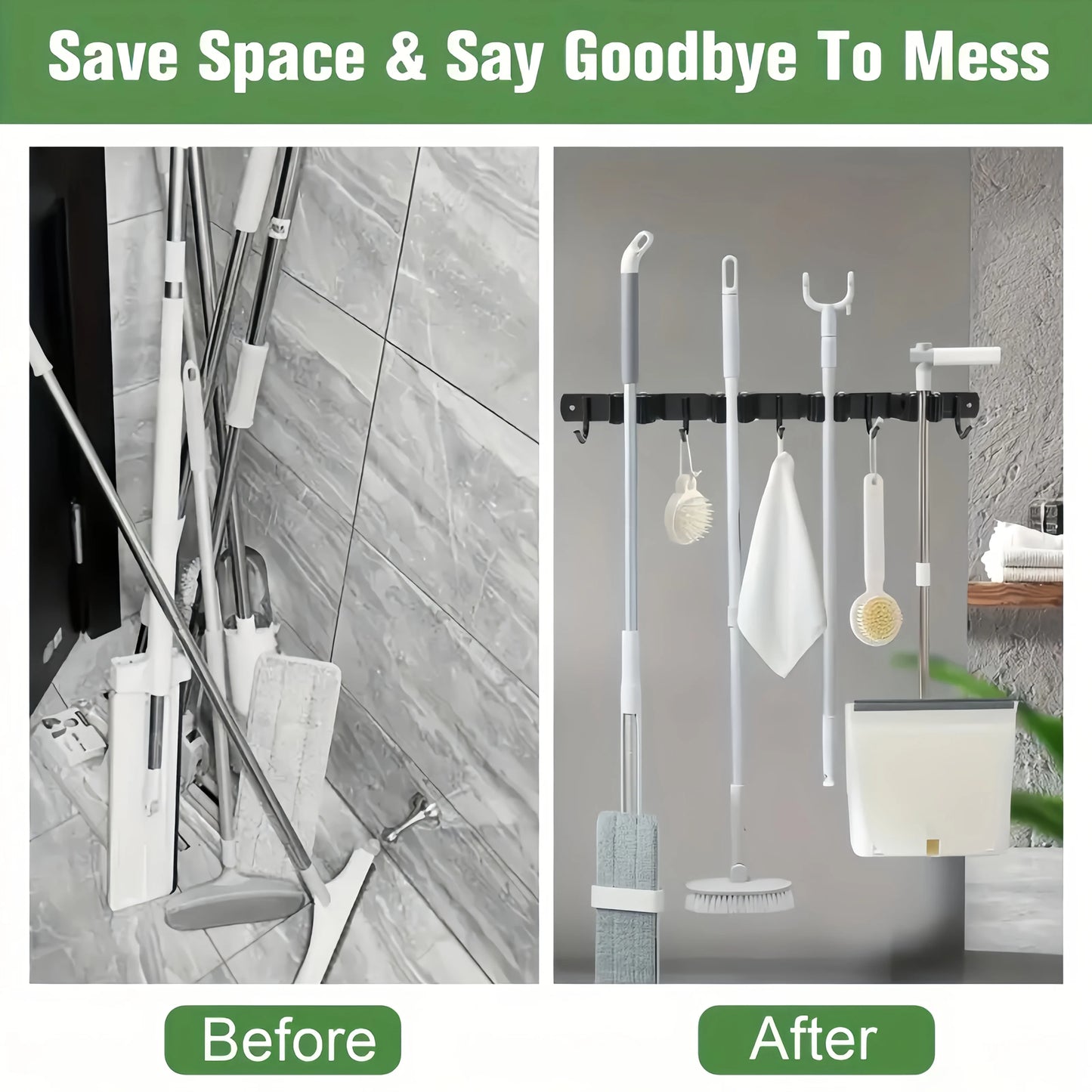 1 Heavy-Duty Metal Tool Rack with 4 Slots and 5 Hooks - Wall-Mounted Storage for Garden Tools, Brooms, Mops, and Garage Equi…