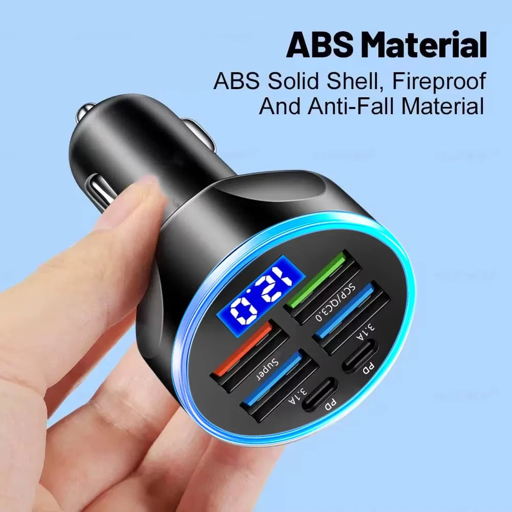 250W PD Car Charger QC3.0 Fast Charge two to Six Port Car Cigarette Lighter Plug Car Charger Flash Charge with Digital Displ…