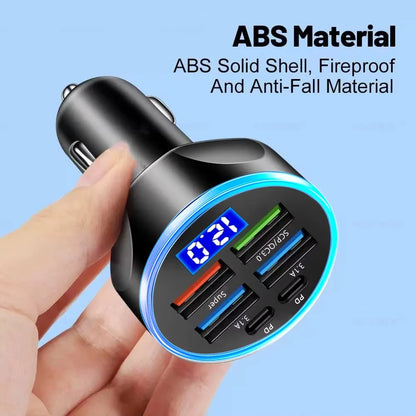 250W PD Car Charger QC3.0 Fast Charge two to Six Port Car Cigarette Lighter Plug Car Charger Flash Charge with Digital Displ…
