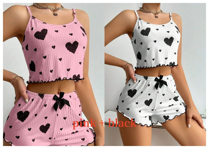 Women's Pajamas Set Sleepwear 2 PCS Short Tank Tops And Shorts S M L White Ventilate Soft Casual Love Printing - image 19