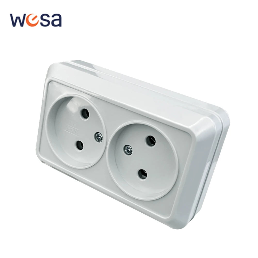 WESA White Wall Surface 2 Sockets Plugs EU Exterior Electrical Outlets With Ground Power Socket Flame Retardant Paint Plasti…