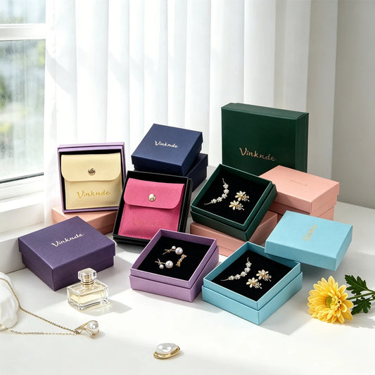 24/50/100Set Personalized Logo 9x9x3cm Jewelry Paper Box With 8x8cm Microfiber Snap Bag Jewellery Earrings Rings Brooch Boxes