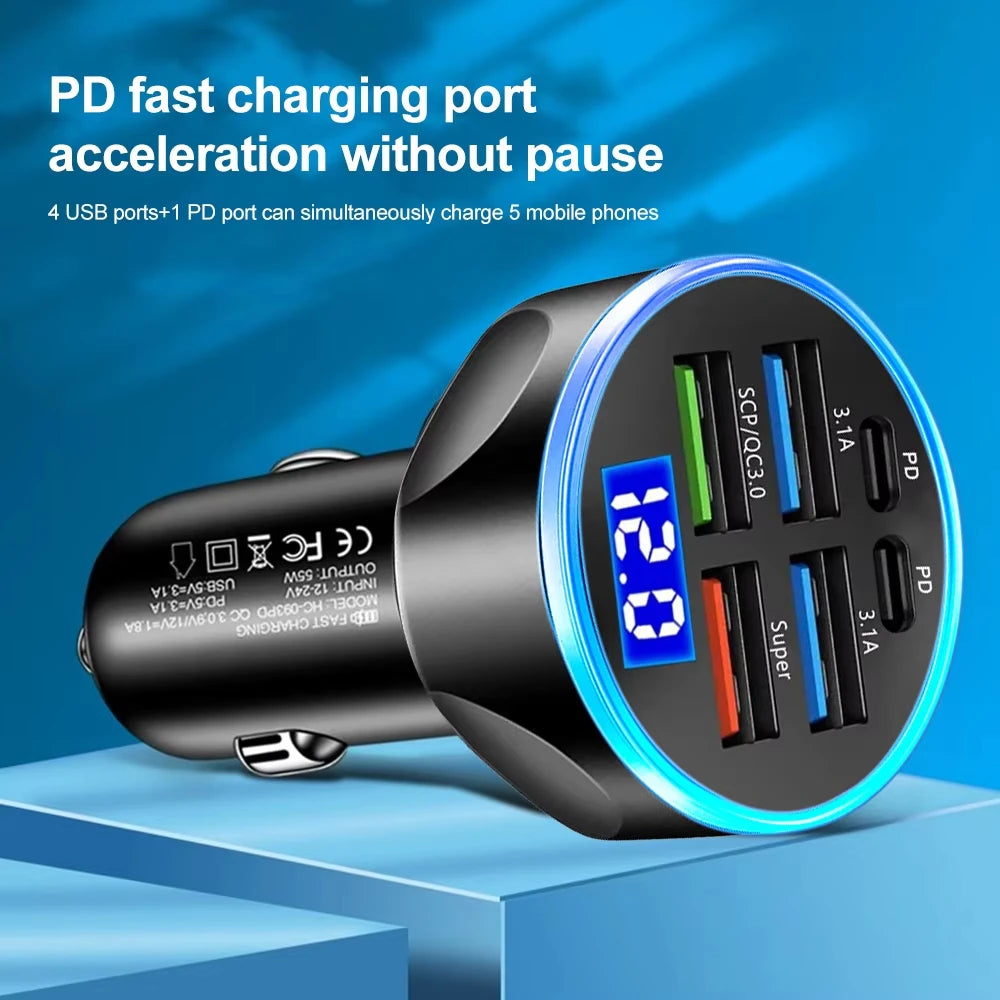 250W PD Car Charger QC3.0 Fast Charge two to Six Port Car Cigarette Lighter Plug Car Charger Flash Charge with Digital Displ…