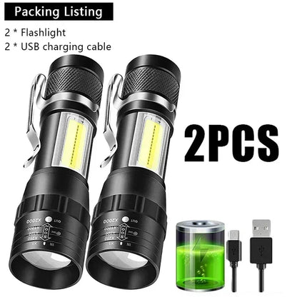Portable Rechargeable LED Flashlight with Pen Clip Zoomable Waterproof Torch with Side Light Outdoor Camping Emergency Lante…