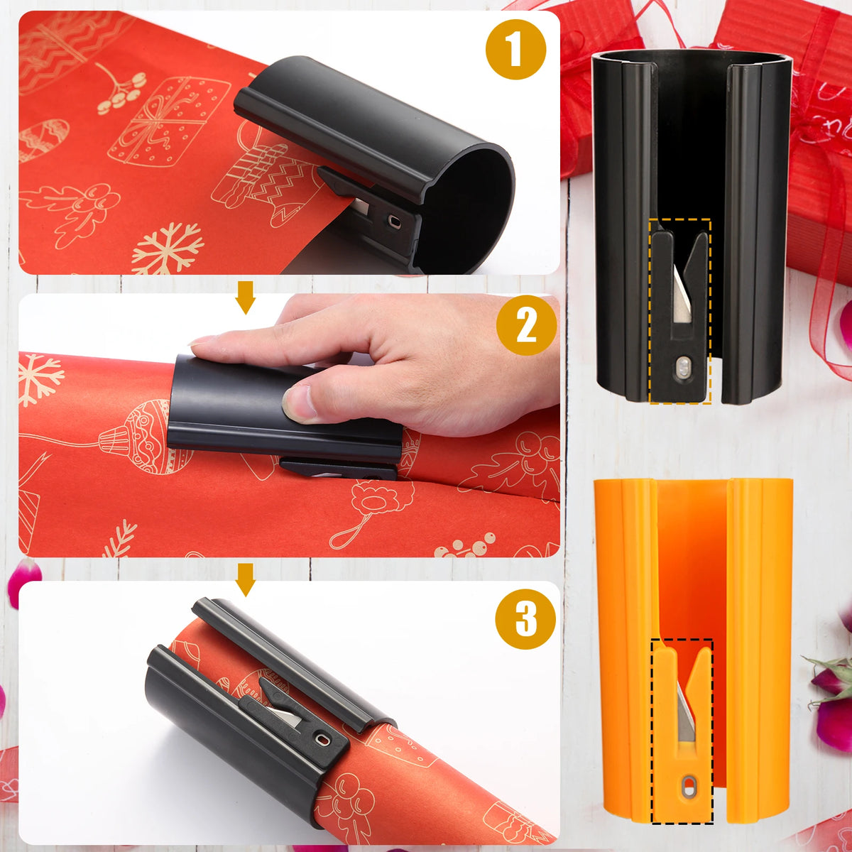 HORN Sliding Wrapping Paper Cutter - Easy-Glide Gift Wrap Trimmer for Christmas & Birthdays, Durable ABS，, Orange/Black - im…