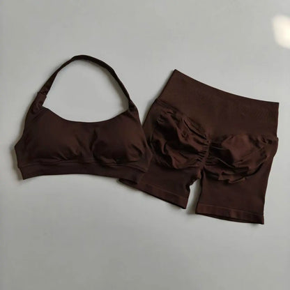 Sexy Halter Neck Beautiful Back High Waist Peach Sports Bras Shorts Suit Pilates Gathering Yoga Vest Training Fitness Bra Se…