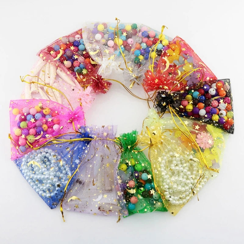 50PCS Moon Stars Drawstring Organza Bags Jewelry Gift Bags Pouches Gold Star Organza Favor Pouches for Christmas Wedding - i…