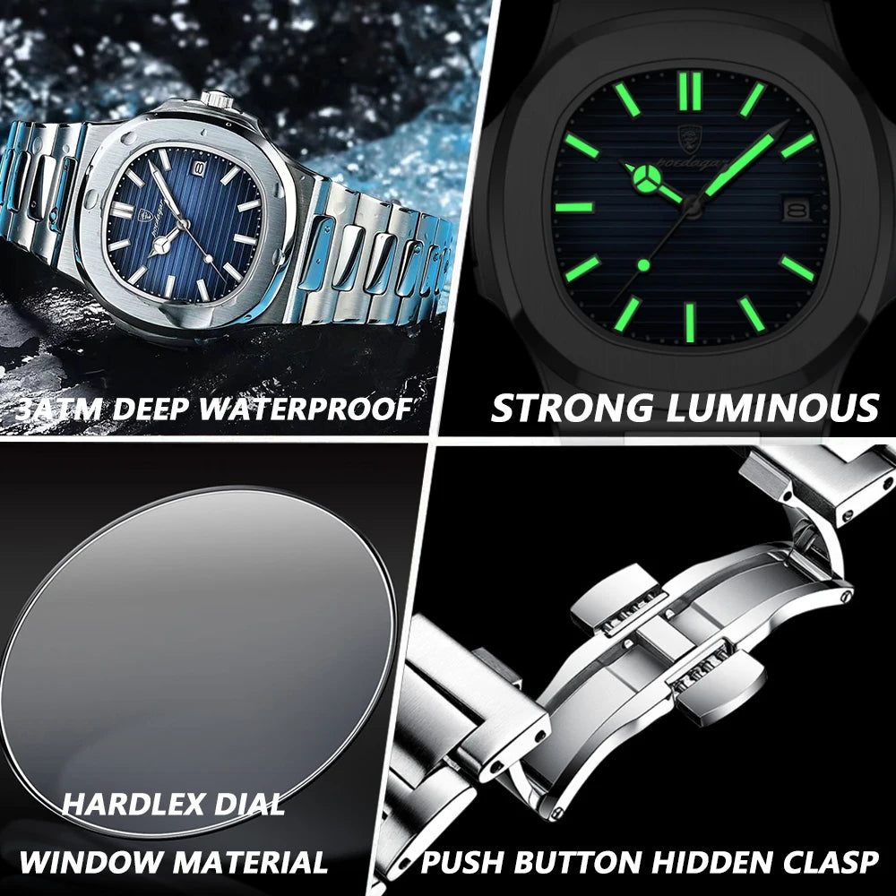POEDAGAR Square Luxury Men Wristwatch Waterproof Luminous Date Stainless Steel Male Clock Business Sports Quartz Watches For…