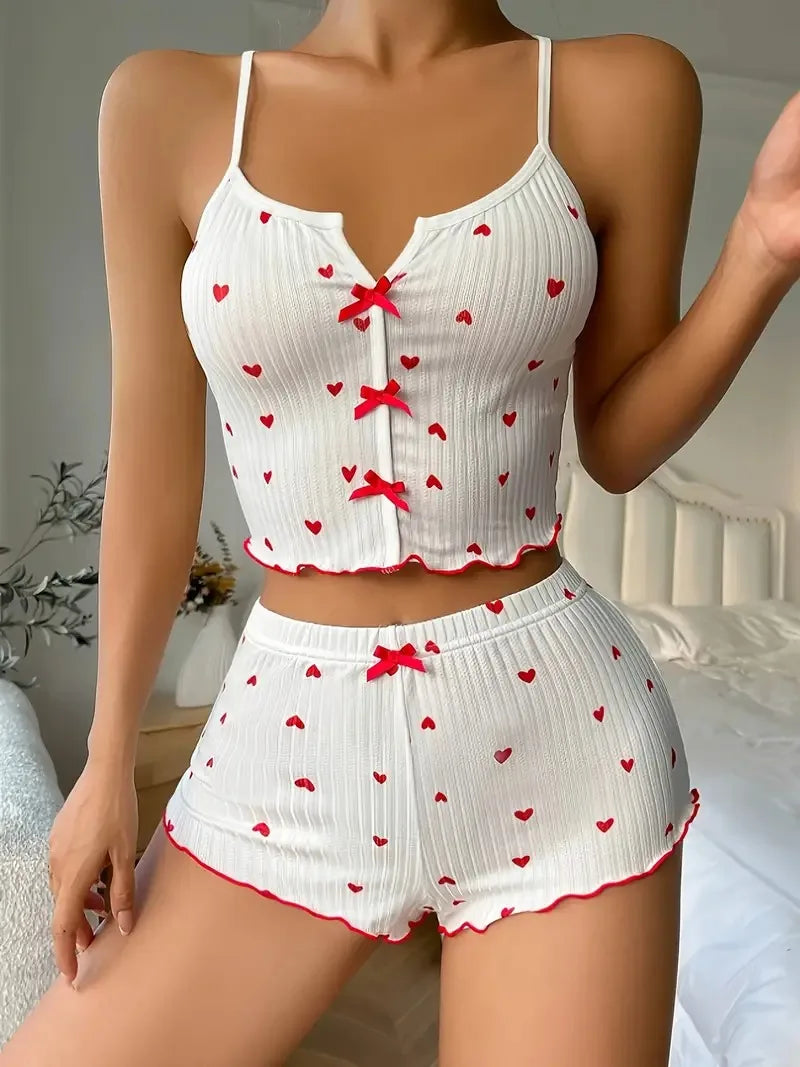 Sleepwear Women Pajamas Set Heart Print Soft Ribbed Fabric with Flirty Frill Trim Casual Cami Top and Shorts Sets Loungewear…