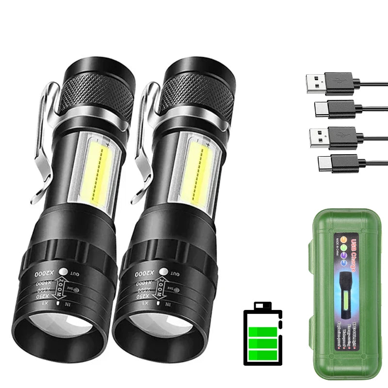 Portable Rechargeable LED Flashlight with Pen Clip Zoomable Waterproof Torch with Side Light Outdoor Camping Emergency Lante…