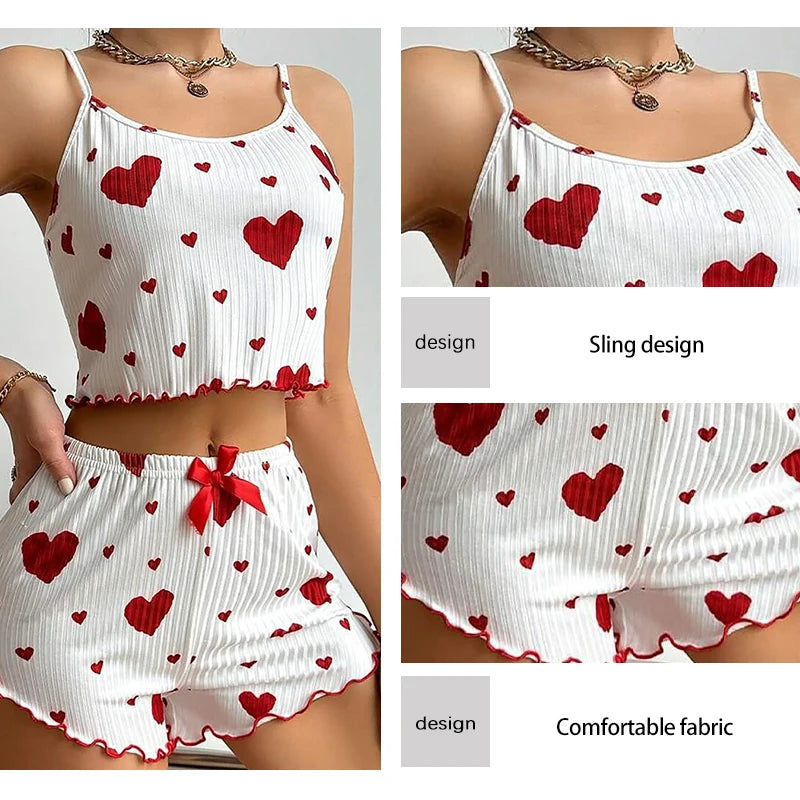 Women's Pajamas Set Sleepwear 2 PCS Short Tank Tops And Shorts S M L White Ventilate Soft Casual Love Printing - image 4
