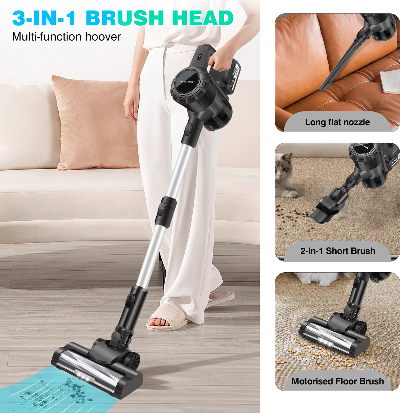 6-in-1 Cordless Vacuum 550W 45KPA｜2 Batteries｜LED Display｜Self-Standing｜Pet Hair/Carpet/Hard Floor (Black) - image 4