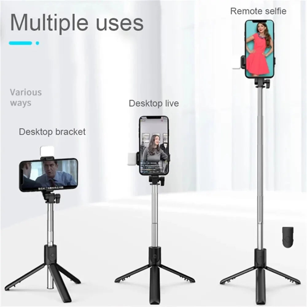 Portable Bluetooth Selfie Stick Tripod Holder with Remote Shutter Fill Light Extendable Wireless Remote Retractable Phone St…