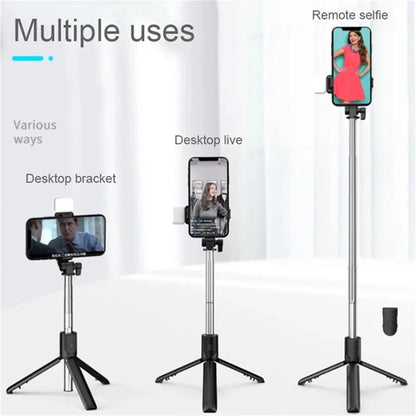 Portable Bluetooth Selfie Stick Tripod Holder with Remote Shutter Fill Light Extendable Wireless Remote Retractable Phone St…