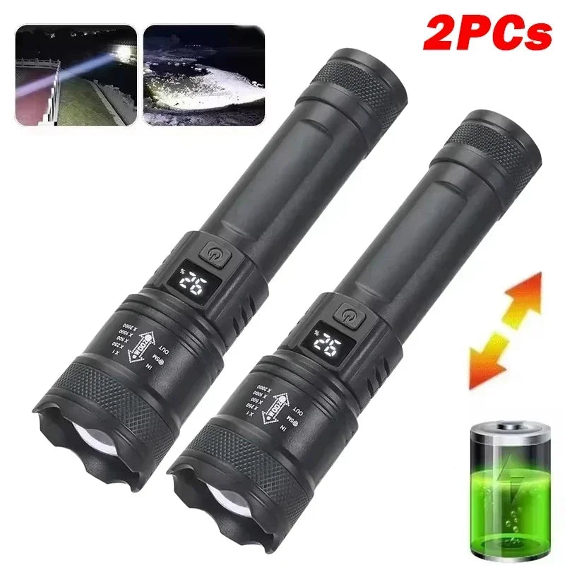 High Strong Power Led Flashlights 300000LM Tactical Torch with Display Light USB Charging Camping Fishing Defensa Zoom Lante…