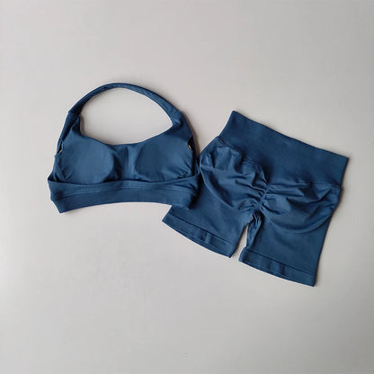 Sexy Halter Neck Beautiful Back High Waist Peach Sports Bras Shorts Suit Pilates Gathering Yoga Vest Training Fitness Bra Se…