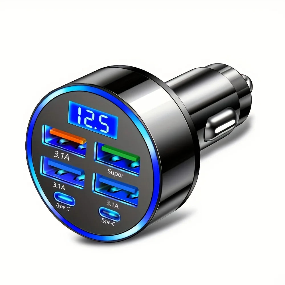 6-in-1 Fast Charging Car Adapter 3.1A Dual Type-C Digital Display Smartphones Tablets Power Banks Black Portable Charger - i…