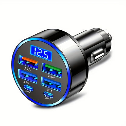 6-in-1 Fast Charging Car Adapter 3.1A Dual Type-C Digital Display Smartphones Tablets Power Banks Black Portable Charger - i…