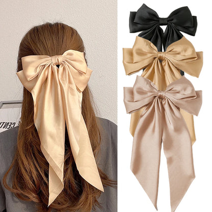 Korean Accessories Hair Clips for Women Girls Big Bowknot Solid Satin Long Ribbon Bows Spring Clamp Barette Cheveux Femme 20…