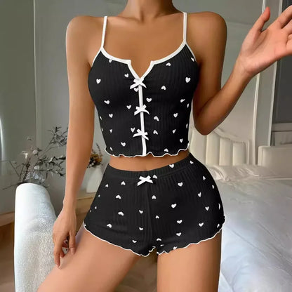 Sleepwear Women Pajamas Set Heart Print Soft Ribbed Fabric with Flirty Frill Trim Casual Cami Top and Shorts Sets Loungewear…