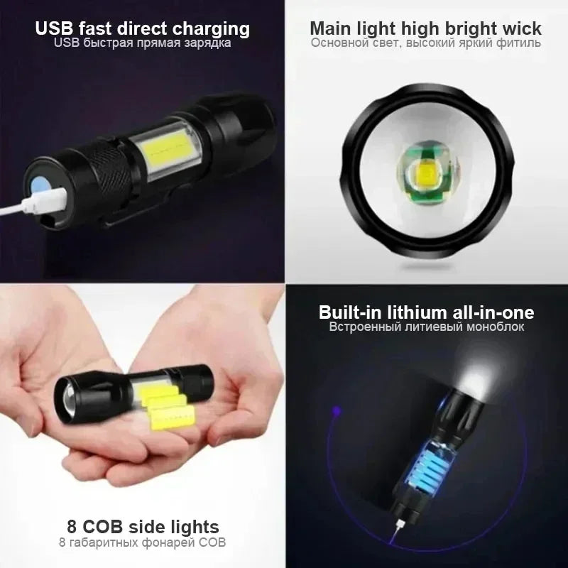 Portable Rechargeable LED Flashlight with Pen Clip Zoomable Waterproof Torch with Side Light Outdoor Camping Emergency Lante…