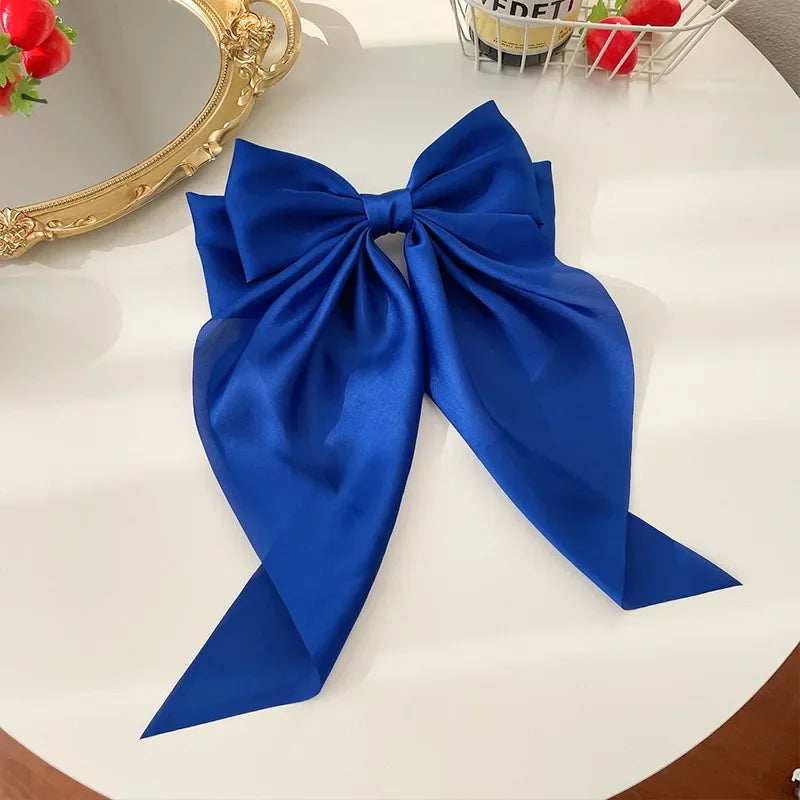 Korean Accessories Hair Clips for Women Girls Big Bowknot Solid Satin Long Ribbon Bows Spring Clamp Barette Cheveux Femme 20…