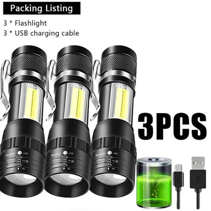 Portable Rechargeable LED Flashlight with Pen Clip Zoomable Waterproof Torch with Side Light Outdoor Camping Emergency Lante…