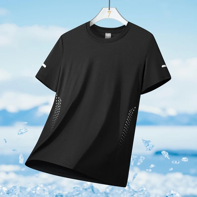 Running T-shirt Men Summer Ice Silk Thin Top Reflective Printing Quick Dry Short Sleeve Breathable Fitness Sports T-shirt 5X…