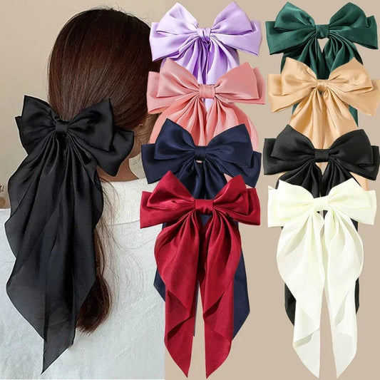 Korean Accessories Hair Clips for Women Girls Big Bowknot Solid Satin Long Ribbon Bows Spring Clamp Barette Cheveux Femme 20…