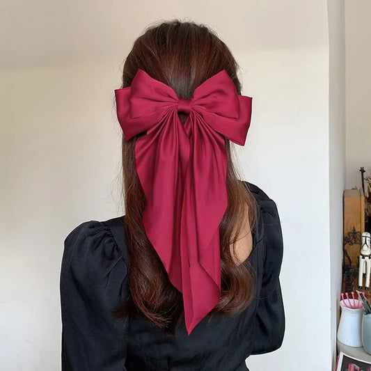 Korean Accessories Hair Clips for Women Girls Big Bowknot Solid Satin Long Ribbon Bows Spring Clamp Barette Cheveux Femme 20…