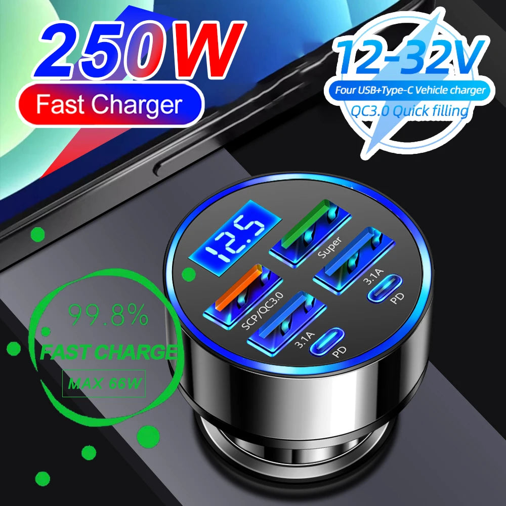 250W PD Car Charger QC3.0 Fast Charge two to Six Port Car Cigarette Lighter Plug Car Charger Flash Charge with Digital Displ…