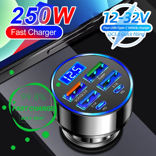 250W PD Car Charger QC3.0 Fast Charge two to Six Port Car Cigarette Lighter Plug Car Charger Flash Charge with Digital Displ…