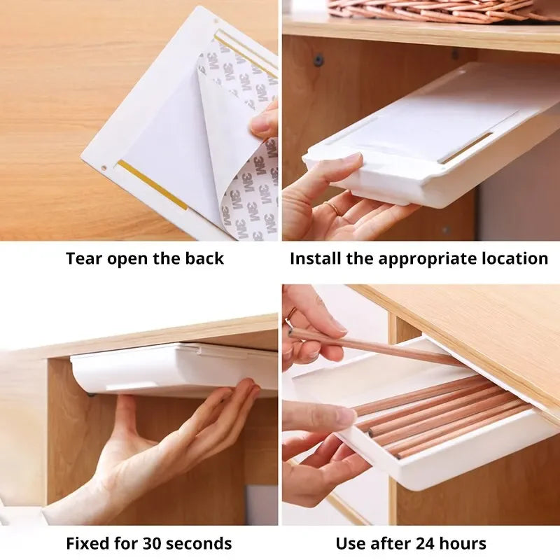 1PCS White SelfAdhesive Storage Drawer Box Makeup Pencil Tray Desk Hidden Under Stand Self-adhesive Under-drawer Storage Box…