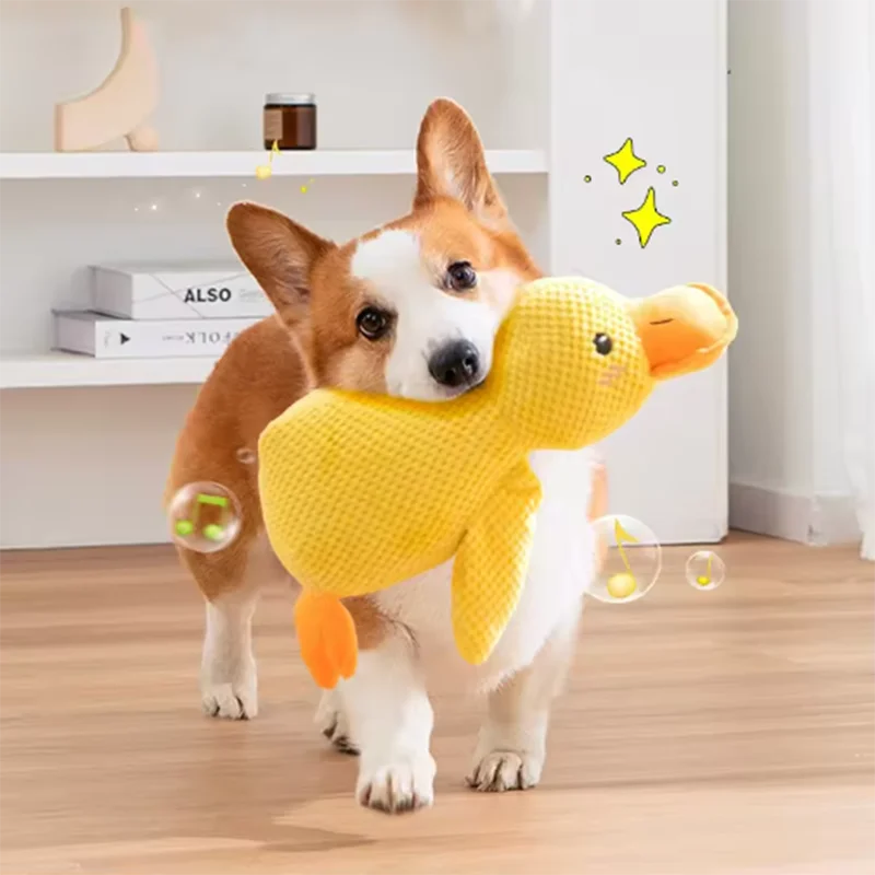 Dog sleeping with a dog hug duck toys to relieve boredom of little yellow duck pet interactive plush doll pet supplies - ima…