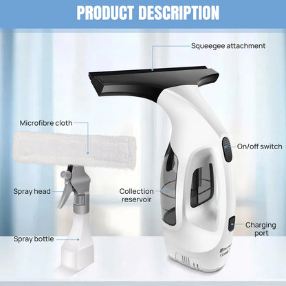 Cordless Window Vac with 2000pa, Efficiently Streak-Free Cleaning, Running Time: 50-60 Min, 3.8V Electric Window Vacuum Clea…