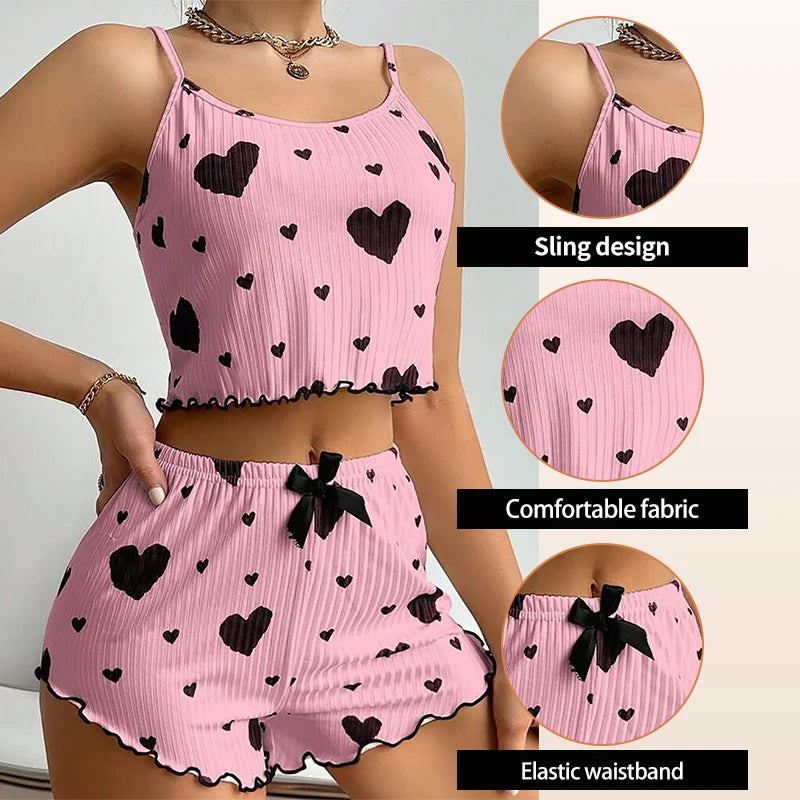 Women's Pajamas Set Sleepwear 2 PCS Short Tank Tops And Shorts S M L White Ventilate Soft Casual Love Printing - image 3