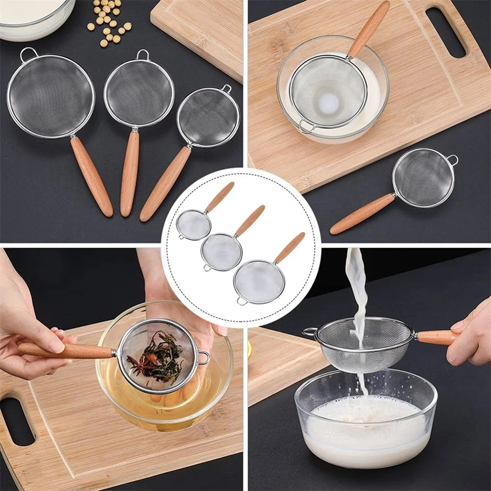 1/3pcs Stainless Steel Colander with Wooden Long Handle Hanging Ear Kitchen Strainer Filter Fine Mesh Sieve Sifter Kitchen T…