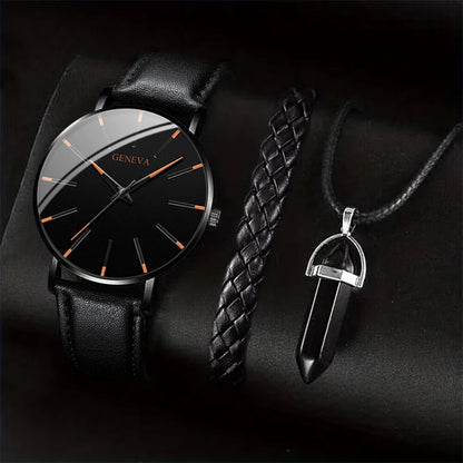 3PCS/Set Men Business Watches Casual Leather Band Analog Male's Quartz Watch Necklace Bracelet Set - image 8
