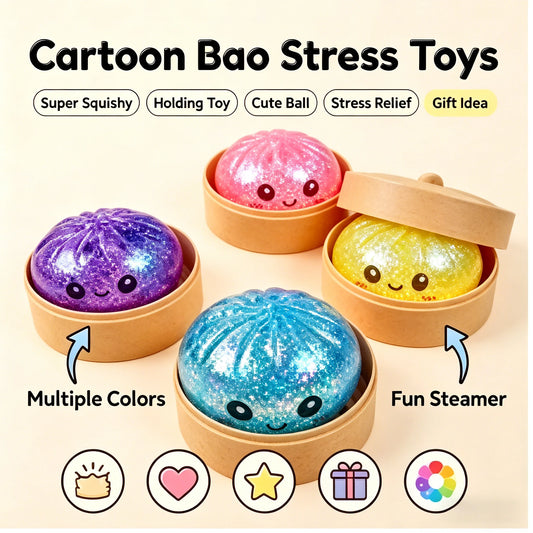 Steamed Bun Squeeze Toy Simulation Bao Stress Relief Fidget Toy with Beads Sparkles Soft Squishy Sensory Decompression Acces…