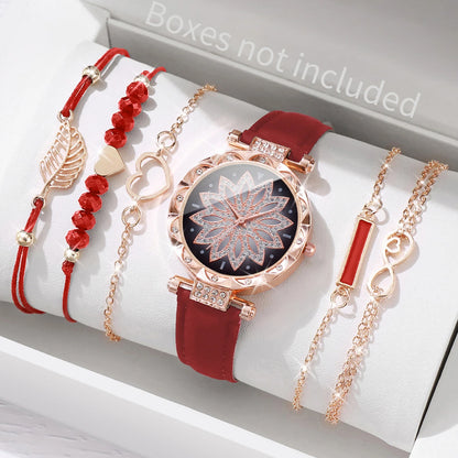 6PCS/Set Fashion Heart Dial Women's Watch Casual Leather Band Analog Quartz Watch Leaf Bracelets Set（Without Box） - image 4
