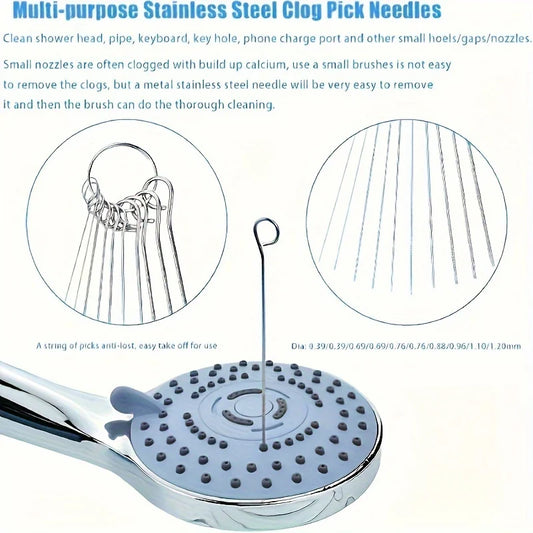 10 Stainless Steel Needle Shower Head Cleaning Brush Set, Suitable for Multi Size Shower Heads,bathroom Accessory Cleaning T…