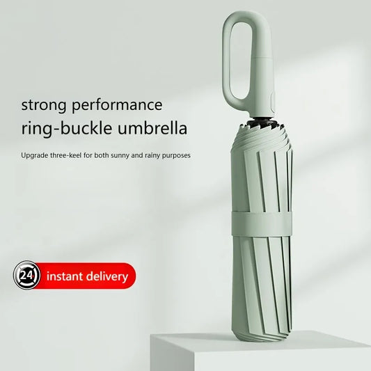 UV Protection Casual Folding UPF50+ Automatic Umbrella With Loop Buckle, Stylish Design Compact Sun, For Outdoor Travel