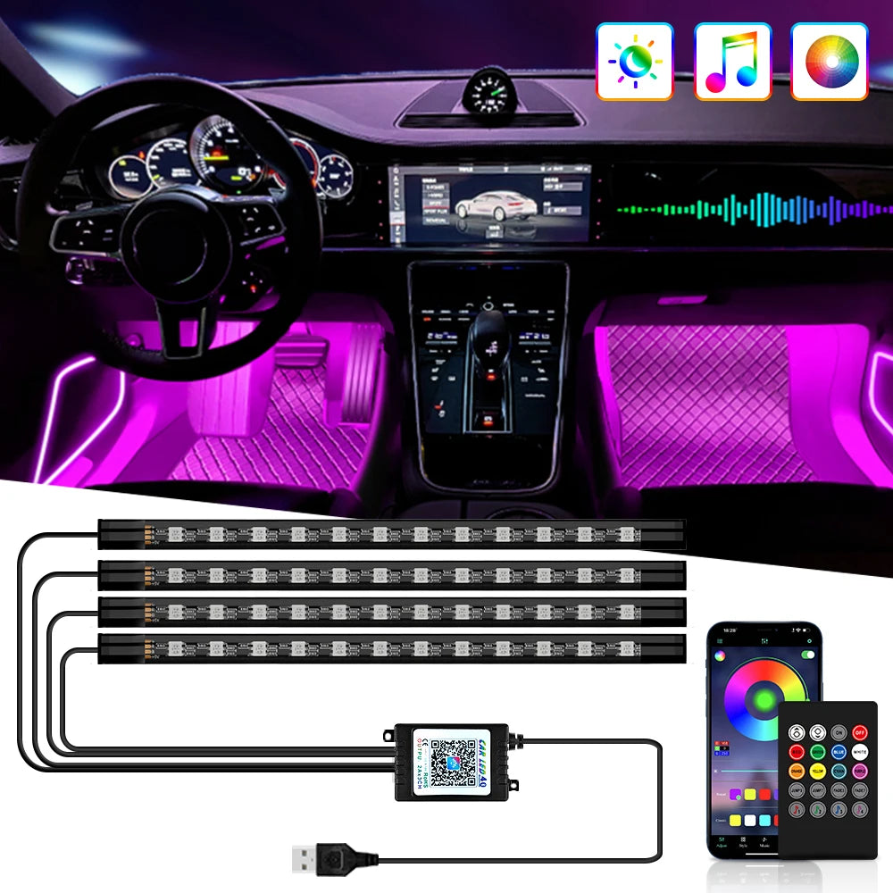 Neon 36 48 72 LED Car Interior Ambient Foot Light Wireless Remote Music APP Control Auto RGB Atmosphere Decorative Lamp