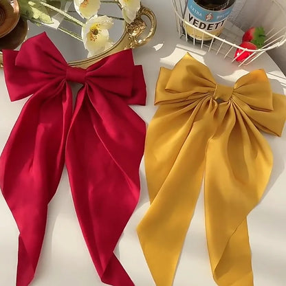 Korean Accessories Hair Clips for Women Girls Big Bowknot Solid Satin Long Ribbon Bows Spring Clamp Barette Cheveux Femme 20…