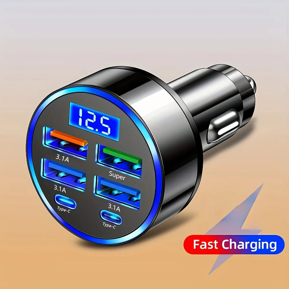 6-in-1 Fast Charging Car Adapter 3.1A Dual Type-C Digital Display Smartphones Tablets Power Banks Black Portable Charger - i…